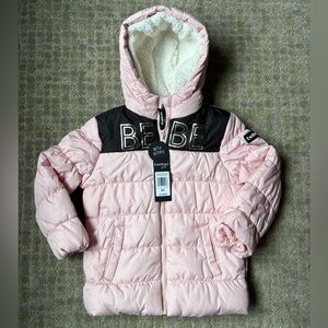 NEW Bebe Girl Faux Fur Lined Mid Length Puffer Winter Snow Jacket Hood 4T Pink